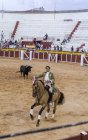 Испания, Томеллосо - 28. 08. 08 2018 год. Вид на быка верхом на лошади и бой с быком на песчаной площади с людьми на трибунах — стоковое фото