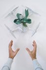 Mani maschili con drone avvolto come regalo di Natale con ramo di abete e nastro verde su sfondo bianco — Foto stock