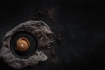 Pastel de chocolate adornado con flores de margarita sobre fondo oscuro - foto de stock
