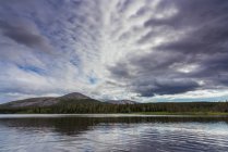 Ландшафт гір і зелений ліс поблизу чистого дрібного озера на тлі хмарного неба — стокове фото