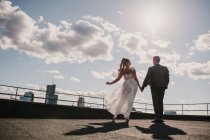 Back view of young newlywed couple holding hands and standing in sunny and cloudy day — Stock Photo