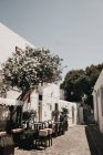 Edificios blancos y árboles florecientes en el patio en Mykonos, Grecia - foto de stock