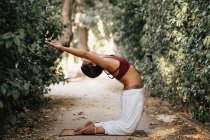 Donna magra piegandosi indietro mentre fa yoga sul vicolo nel parco autunnale — Foto stock