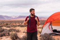 Schöner bärtiger Typ mit Rucksack, der wegschaut, während er auf verschwommenem Hintergrund der erstaunlichen Wüste steht — Stockfoto