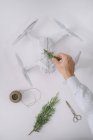 Male hand decorating wrapped drone as Christmas gift with fir branch and twine on white background — Stock Photo
