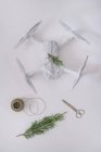 Беспилотник, завернутый в рождественский подарок с еловой веткой и бечевкой на белом фоне — стоковое фото