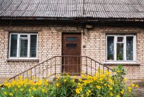 Yellow flowers growing near door of brick house in small settlement — Stock Photo