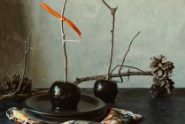 Schwarze Karamelläpfel mit Stäbchen für Halloween — Stockfoto