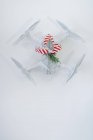 Drone embrulhado como presente de Natal com fita vermelha e branca listrada no fundo branco — Fotografia de Stock
