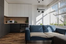 Comodo divano in piedi vicino a mobili da cucina in camera elegante di appartamento moderno nella giornata di sole — Foto stock