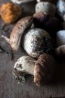 Montón de hongos recién recogidos boletus edulis con raíces y suciedad - foto de stock