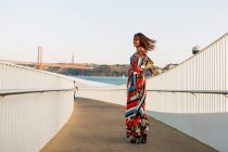 Elegant woman in long dress spinning around on bridge in summer city — Stock Photo
