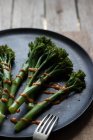 Nahaufnahme von gedämpftem Brokkoli mit Rommescosauce auf schwarzem Teller auf Holztisch — Stockfoto