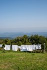 Ramo de ropa blanca limpia colgando de las cuerdas en la cima de la colina verde en el día soleado en Bulgaria, Balcanes - foto de stock