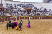 Spain, Tomelloso - 28. 08. 2018. men bullfighting on sandy bullring — Stock Photo