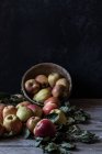 Maçãs maduras frescas e folhas com cesta na mesa de madeira rústica — Fotografia de Stock