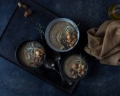 Minestra di crema di fungo con crostini in ciotole su vassoio su sfondo scuro — Foto stock