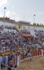 España, Tomelloso - 28. 08. 2018. Vista del torero a caballo en la zona arenosa con la gente en tribuna - foto de stock