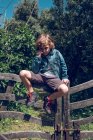 Заботливый маленький мальчик с вьющимися светлыми волосами, сидящий на деревянном заборе в сельской местности — стоковое фото