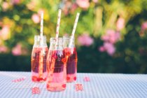 Flaschen mit frischem Fruchtgetränk und Trinkhalmen auf Tisch im Freien — Stockfoto
