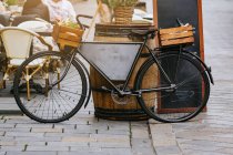 Vintage Bicycle decorating restaurant on cobbled street of the old town of Bratislava, Slovakia — Stock Photo