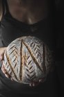Крупним планом жіночі руки тримають хліб свіжого хліба — стокове фото