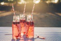 Bottiglie con bibita fresca e cannucce da bere in tavola all'aperto — Foto stock