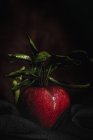 Mela rossa cruda con foglie su tessuto nero — Foto stock