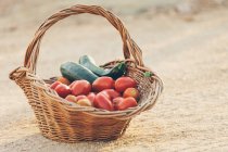 Panier de tomates rouges et courgettes fraîches cueillies au sol — Photo de stock