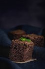 Piece of chocolate brownie with mint on black fabric — Stock Photo