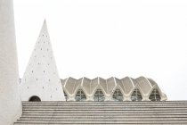 VALENCIA, ESPAÑA - 8 DE NOVIEMBRE DE 2018: Varias estructuras inusuales paradas en escalones contra el cielo blanco en la Ciudad de las Artes y las Ciencias de Valencia, España - foto de stock
