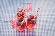 Botellas con bebida de fruta fresca y pajitas para beber en mantel a cuadros - foto de stock
