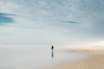 Vue latérale personne avec sac à dos debout sur le rivage près de l'eau et beau ciel avec des nuages en France — Photo de stock