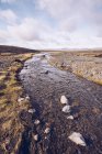 Río de montaña que fluye entre los terrenos marrones y la vista sobre las tierras bajas en Islandia - foto de stock