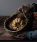 Mãos de fêmea irreconhecível segurando cesta com abóboras maduras — Fotografia de Stock