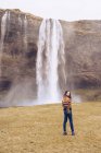 Погляд на молоду леді на полі біля водозбірного каскаду, що падає між скелями в Ісландії. — стокове фото