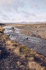 Горная река, текущая между коричневой поверхностью и видом на низменность в Исландии — стоковое фото
