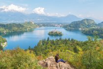 Back view of lady with camera sitting on rock and shooting landscape of lake between forest and town near mountains in Slovenia and Croatia - foto de stock