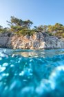 Scogliera con alberi vicino acqua di mare turchese — Foto stock