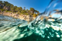 Aquamarinwasser und felsige Klippe mit Bäumen im Hintergrund — Stockfoto