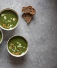 Чаши со шпинатом, капустой и фенхелевым супом на серой поверхности — стоковое фото