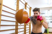 Молодой боксёр без рубашки с боксерской грушей в спортзале — стоковое фото