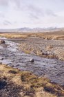 Rio de montanha que corre entre terrenos castanhos e vista em planícies na Islândia — Fotografia de Stock