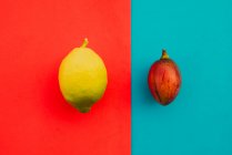 Свежий тамарилло и спелый лимон на ярко-красном и синем фоне — стоковое фото