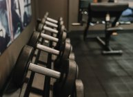 Set of dumbbells lying on rack in gym — Stock Photo