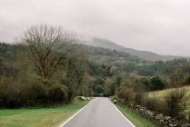 Pittoresca veduta di asfalto stretto percorso che corre tra piante verdi e alta collina in nuvole a Orduna, Spagna — Foto stock