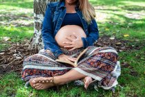 Schwangere attraktive Frau sitzt unter Baum — Stockfoto