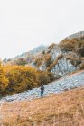 Person mit Rucksack auf Wiese, bewölktem Himmel und Blick auf Berge mit Wald in Isoba, Kastilien und León, Spanien — Stockfoto
