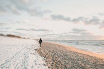 Женщина, идущая по снежному берегу у моря — стоковое фото
