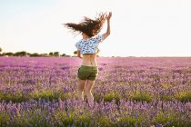 Молода жінка крутиться між фіолетовим лавандовим полем — стокове фото